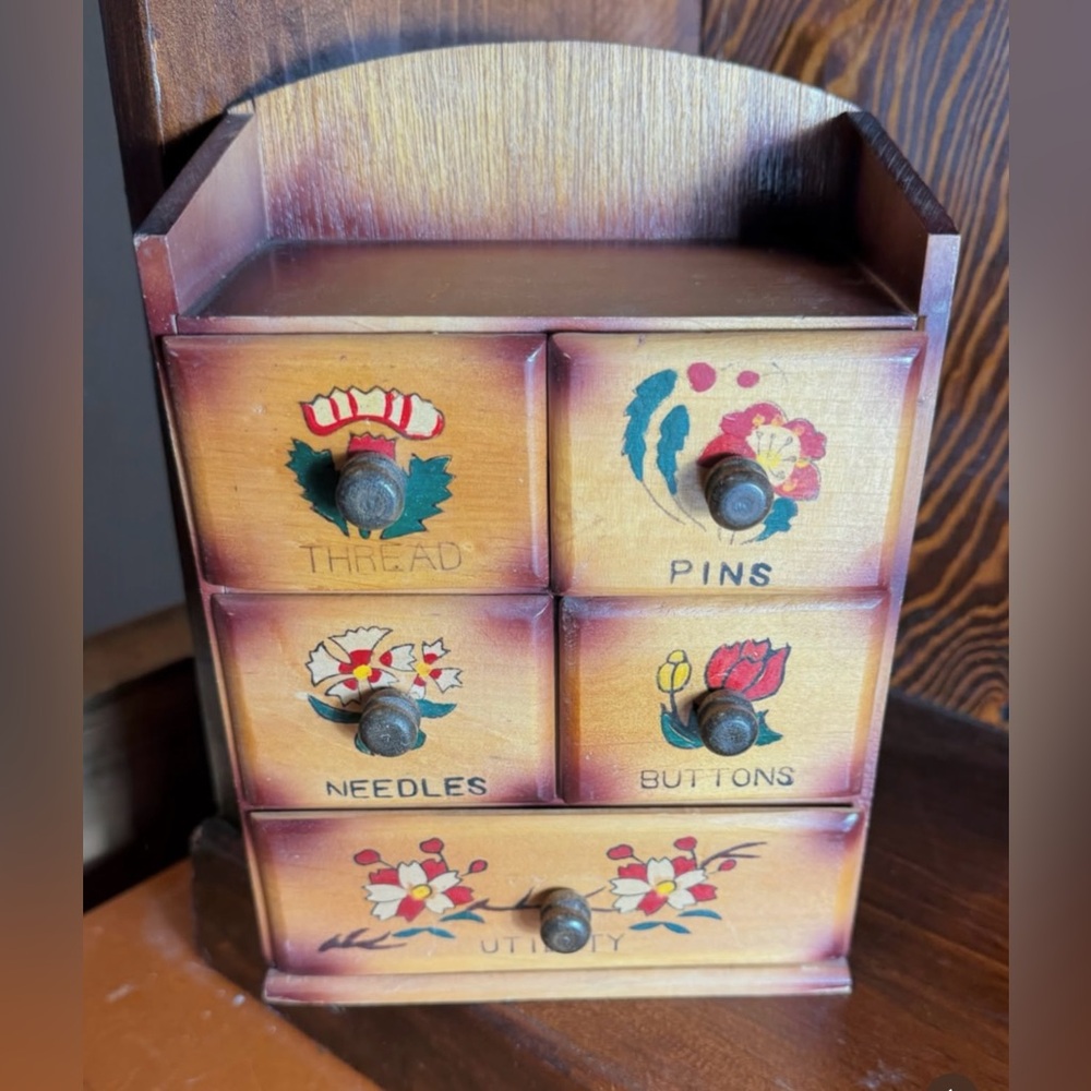 Vintage Wooden Sewing Organizer with Drawers